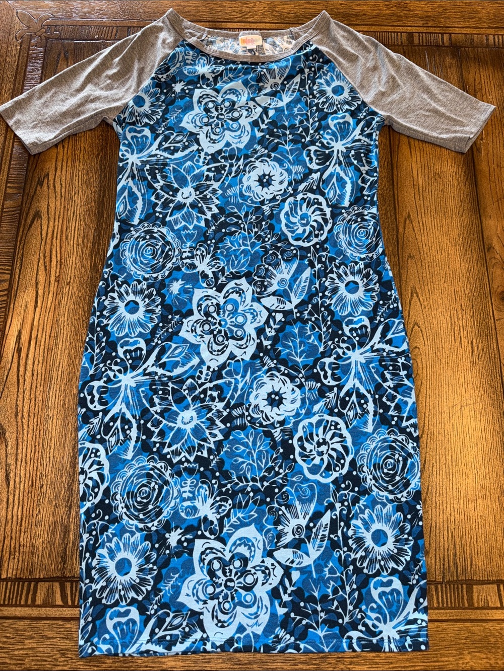 LuLaRoe Julia Blue Floral Raglan Kids Dress with Gray Sleeves